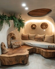 Forest mind pod room featuring live edge wood furniture, fern decor, and soft forest-filtered lighting Sensory Forest Cocoon Design Organic Minimal Sleep Sanctuary