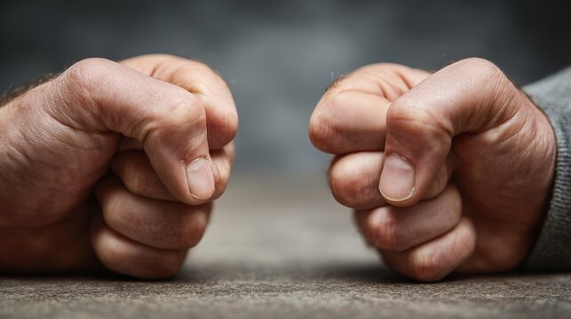 Two people angrily slamming hands on a table on a gray background, intense argument, dramatic lighting