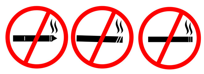 Set of three forms of no smoking signs,no smoking sign with burning cigarettes and smoke prohibition and risk illustration with warning text and background