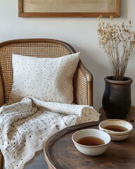 Vintage tea and textile nest featuring a cane-back chair, Sashiko-stitched throw, and ceramic tea bowl set Global Vintage Tea Corners Boho Cultural Softness Bedroom