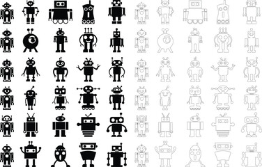 Robot Icon set, icons in vibrant and outline styles, showcasing playful designs, ideal for technology, and futuristic projects. Digital artificial intelligence chatbot, friendly Electric cyborg agent