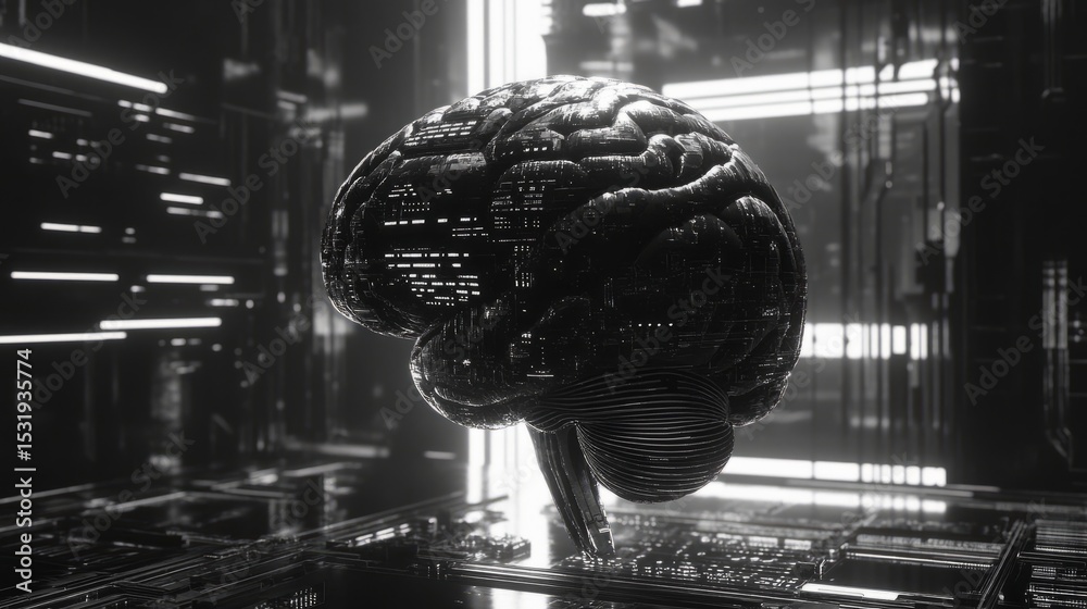 Poster futuristic artificial intelligence brain with glowing neural network connections and digital circuit