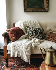 Vintage tea and textile nest with oriental rug layering, handwoven linen throws, and vintage brass kettle Global Vintage Tea Corners Boho Cultural Softness Bedroom