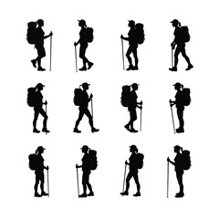 Obraz premium Twelve silhouettes of female hikers with backpacks and trekking poles