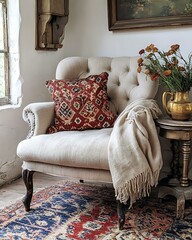 Vintage tea and textile nest with oriental rug layering, handwoven linen throws, and vintage brass kettle Global Vintage Tea Corners Boho Cultural Softness Bedroom