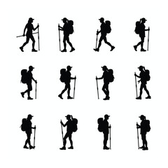 Fototapeta premium Twelve silhouettes of female hikers with backpacks and trekking poles
