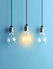 Three hanging light bulbs against a blue background, with the middle bulb illuminated and glowing warmly