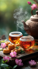 Steaming tea in glass cups with mooncakes and teapot surrounded by pink flowers creates serene and inviting atmosphere