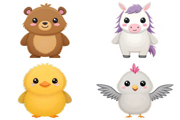 Fototapeta premium Adorable Cartoon Animals Bear, Unicorn, Chick, and Hen Illustrations