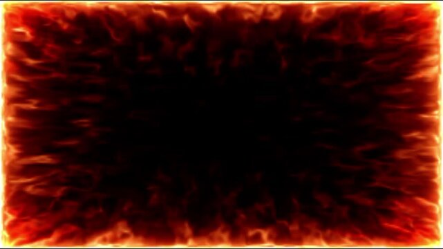 Cinematic fire frame with burning flames, glowing orange heat border on black background, intense hellfire inferno video overlay for motion graphics