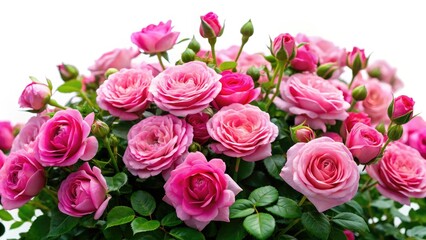 Obraz premium Vintage Pink Rose Bush, White Background, Floral Photography, Retro Roses, Antique Bloom