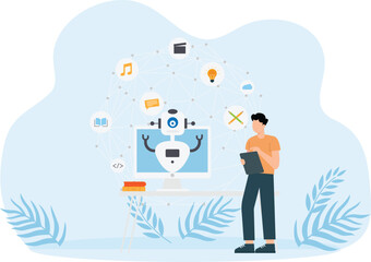 Men white-collar workers use AI to work and communicate with AI.
