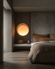 Shadow geometry suite showcasing circular headboard shadow play and modular stone textures Architectural Shadow Interior Geometric Light and Silence Design