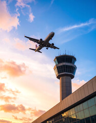 An airplane flies over an airport control tower at sunset, with vibrant clouds and a clear sky in the background