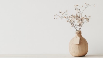 Minimalist wooden vase with a blank tag on a white background, featuring a simple wood grain texture, soft lighting, and a minimalist display of dried flowers.