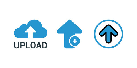 Blue Upload Icon Collection Cloud Upload, Add File, and Circled Arrow Symbols