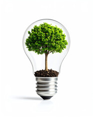 A green tree growing inside a light bulb symbolizes eco-friendly innovation and sustainable energy on a white background