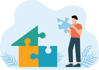 A man building a house together with a jigsaw puzzle
