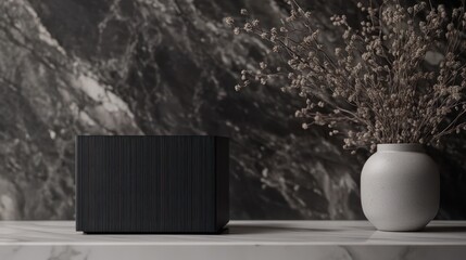 Dark gray cube on marble surface with dried flowers