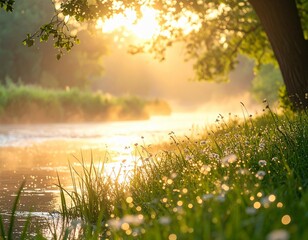 Obraz premium Misty morning riverbank with golden sunrise light and dewy grass