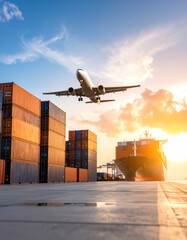 A cargo airplane flies above stacked shipping containers and a container ship at a port during a vibrant sunset