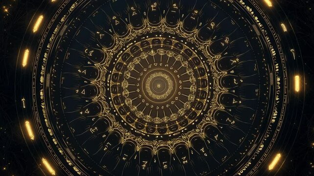 Golden rotating circular geometry with luminous arcs and hypnotic symmetry, perfect for loopable backgrounds, sacred visuals, or immersive sci-fi designs.

