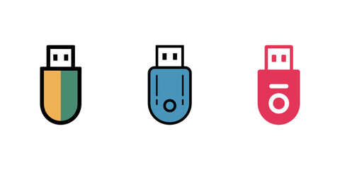 Three Stylized USB Drive Icons in Different Colors on a White Background