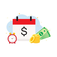 Red and White Calendar with Black Dollar Sign, Red Alarm Clock, Green Bills, and Gold Coins for Finance