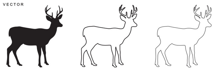 deer silhouette, deer outline, line art vector illustration on white background