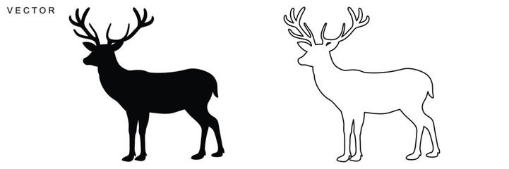 deer silhouette, deer outline, line art vector illustration on white background