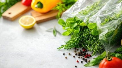 Fresh herbs in plastic bag, with vegetables and spices