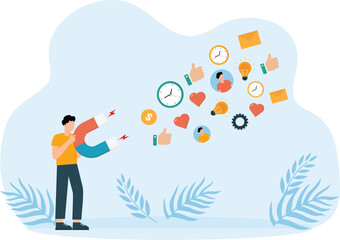 Magnets and light bulbs with magnifying glasses and dollars gears with emails,
