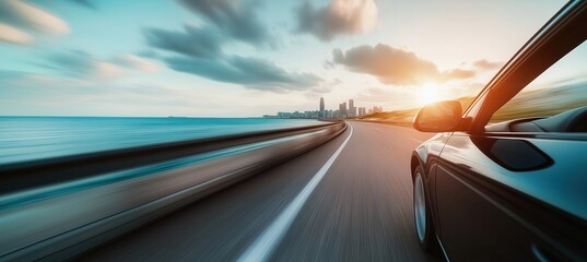 High-Speed Car Driving on Coastal Highway with Motion Blur, Featuring City Skyline and Ocean View Under Sunset Light, Concept of Travel, Vacation or Business Trip