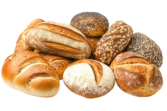 Ultra-high-resolution PNG cutout assortment of artisan bread types isolated on transparent background — perfect for bakery packaging, menu design, food blogs, and culinary branding projects