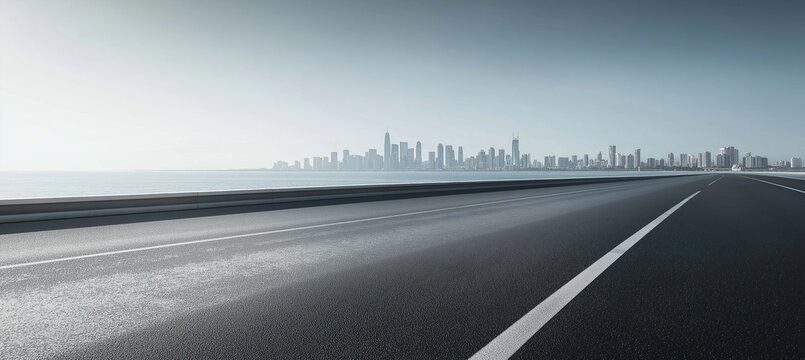 Minimalist urban highway with reflective asphalt leading to Dubai skyline over ocean horizon, featuring white markings and soft lighting for enhanced depth and texture - Powered by Adobe