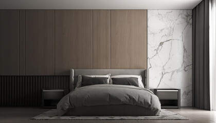 Cozy modern mock up design of living and bedroom interior have  bed and side table with white marble and wooden pattern wall background
