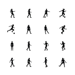 Twelve female soccer player silhouettes action poses