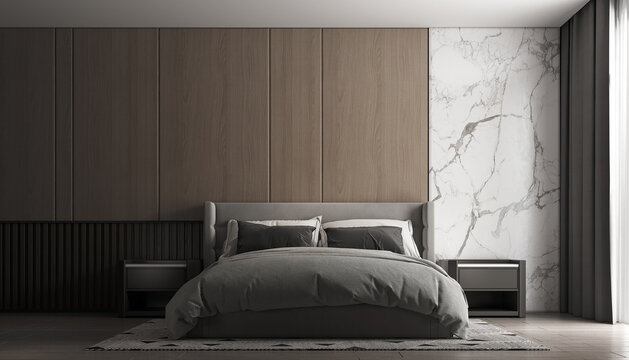 Cozy modern mock up design of living and bedroom interior have  bed and side table with white marble and wooden pattern wall background
