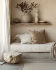 Stone and skin calm zone with floating stone shelf, velvet throw pillow, and low stacked bedding Raw Soft Contrast Interior Natural Texture Balance Bedroom