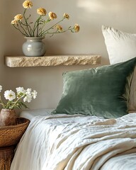Stone and skin calm zone with floating stone shelf, velvet throw pillow, and low stacked bedding Raw Soft Contrast Interior Natural Texture Balance Bedroom
