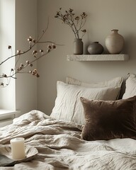 Stone and skin calm zone with floating stone shelf, velvet throw pillow, and low stacked bedding Raw Soft Contrast Interior Natural Texture Balance Bedroom