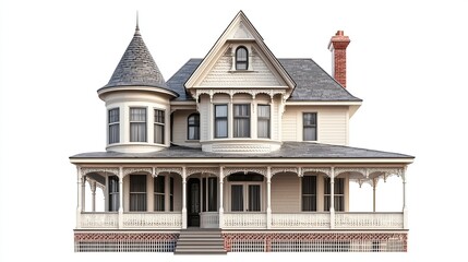 Fototapeta premium A two-story, light-colored Victorian house with a wraparound porch, a pointed roof, and a chimney. The house has a turret on the left side and a bay window on the right