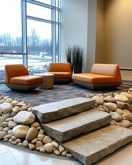 Stone and skin calm zone with stone slab step-up platform, tactile material mix, and soft acoustic layout Raw Soft Contrast Interior Natural Texture Balance Bedroom