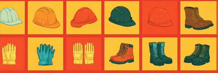 Safety Gear Infographic Featuring Hard Hats, Gloves, and Boots Arranged in a Grid Layout for Workplace Safety Awareness