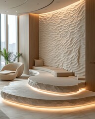 Stone and skin calm zone with stone slab step-up platform, tactile material mix, and soft acoustic layout Raw Soft Contrast Interior Natural Texture Balance Bedroom