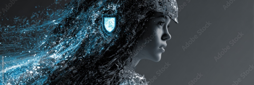Aufkleber cyber shield rising within glowing orb signifies youth and protection in a digital realm