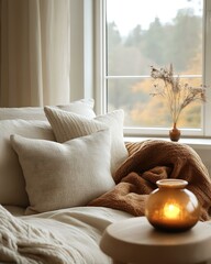 Climate emotion room styled with warm-tone winter mode, layered wool throws, and ember-glow lamps Responsive Seasonal Interior Design Mood Adaptive Wellness Space