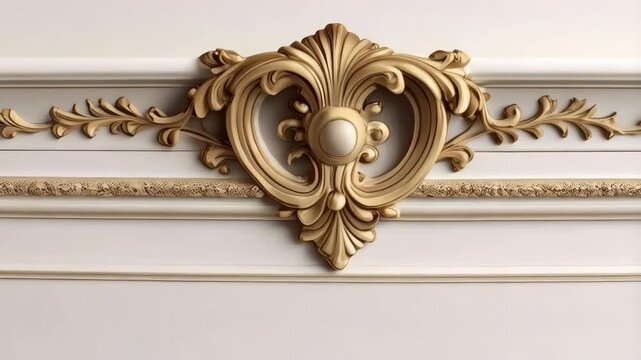 Elaborate wall panel with white background and ornate golden molding with symmetrical floral pattern elements.