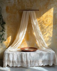 Ethereal ritual niche featuring veil curtain, palo santo tray, and ancient symbol wall embossing Sacred Sleep Space Design Mystic Minimal Wellness Corner