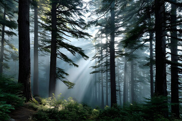 Obraz premium Sunbeams illuminating a misty forest path